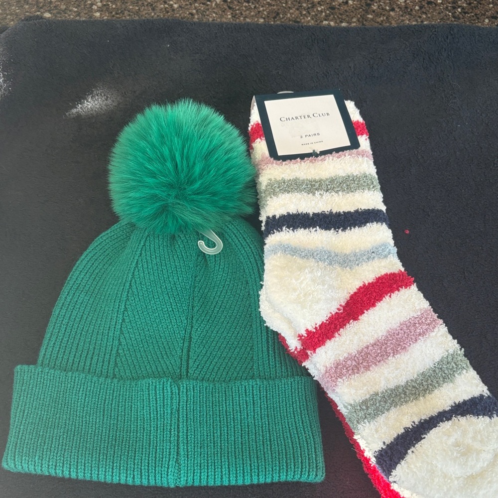 Charter Club Green Beanie and Striped Socks Set